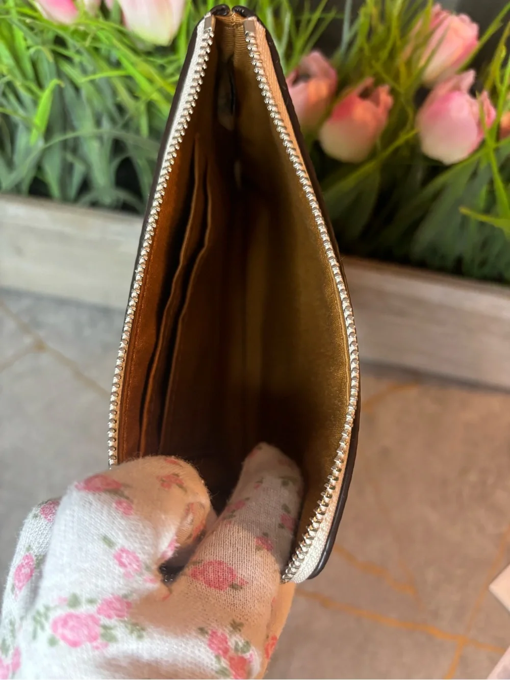 COACH NWT Yellow Floral Wristlet Pouch with Brown Strap